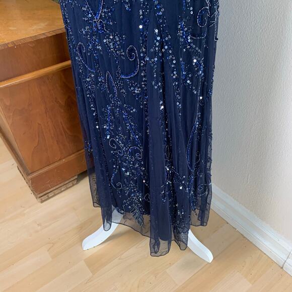 Vintage Pisarro Sz 2 Beaded Mesh Column Gown Navy Blue Cocktail Wedding Holiday - Picture 7 of 11